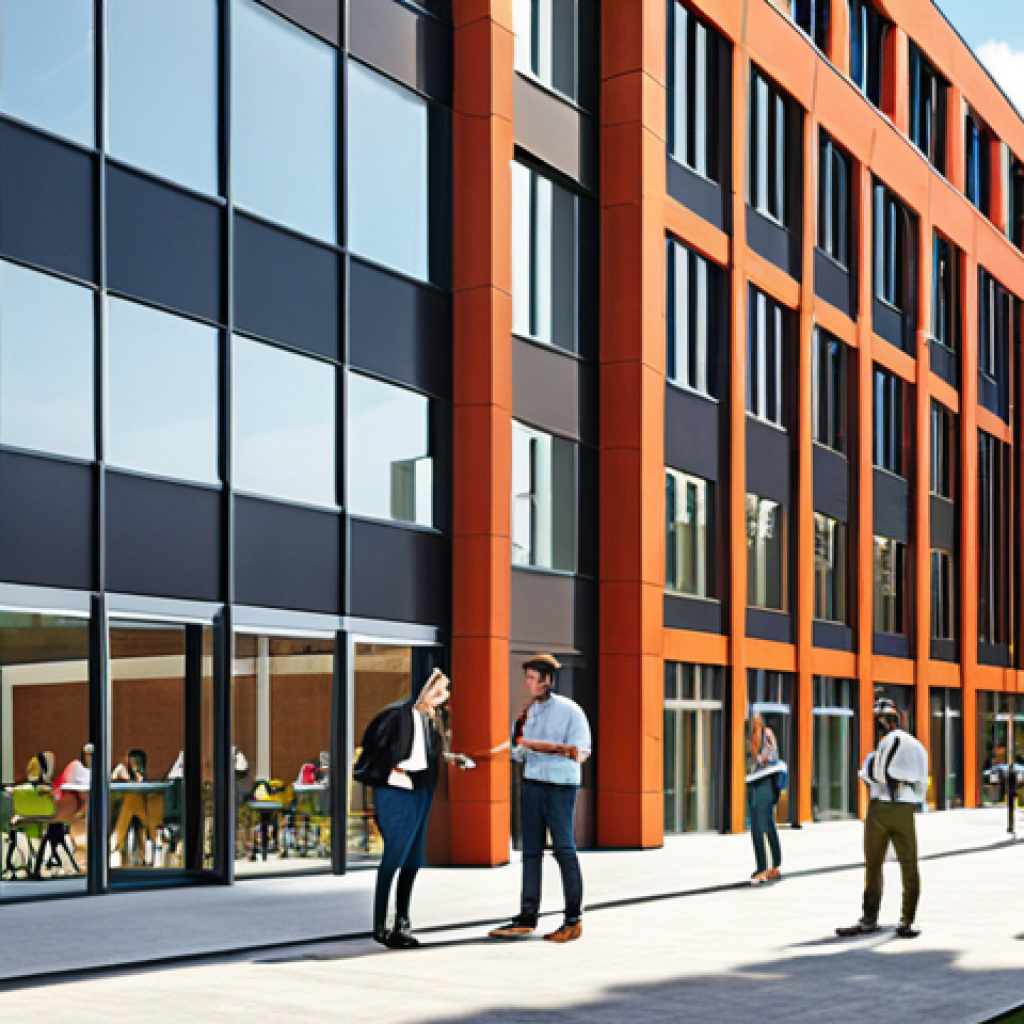 **Image Prompt:** A vibrant university campus scene with modern buildings where students and industry professionals are collaborating. Some students are presenting projects, while company representatives are offering guidance. Focus on teamwork, innovation, and practical application of knowledge in a collaborative setting.
