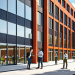 **Image Prompt:** A vibrant university campus scene with modern buildings where students and industry professionals are collaborating. Some students are presenting projects, while company representatives are offering guidance. Focus on teamwork, innovation, and practical application of knowledge in a collaborative setting.