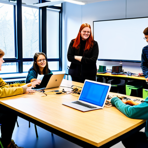 Home 6 A diverse group of high school students and adult community members collaborating on a technology project in a modern, brightly lit school innovation lab. They are gathered around a large table with computers, electronic components, and a partially assembled robot, discussing ideas and working together. All individuals are fully clothed in modest, comfortable, and appropriate attire suitable for a learning environment. The atmosphere is vibrant, collaborative, and focused on hands-on learning and teamwork. The background shows blurred elements of a contemporary, well-equipped learning space. Perfect anatomy, correct proportions, natural poses, well-formed hands, proper finger count, natural body proportions, professional photography, high quality, safe for work, appropriate content, family-friendly.