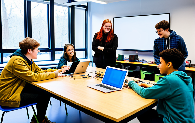 A diverse group of high school students and adult community members collaborating on a technology project in a modern, brightly lit school innovation lab. They are gathered around a large table with computers, electronic components, and a partially assembled robot, discussing ideas and working together. All individuals are fully clothed in modest, comfortable, and appropriate attire suitable for a learning environment. The atmosphere is vibrant, collaborative, and focused on hands-on learning and teamwork. The background shows blurred elements of a contemporary, well-equipped learning space. Perfect anatomy, correct proportions, natural poses, well-formed hands, proper finger count, natural body proportions, professional photography, high quality, safe for work, appropriate content, family-friendly.