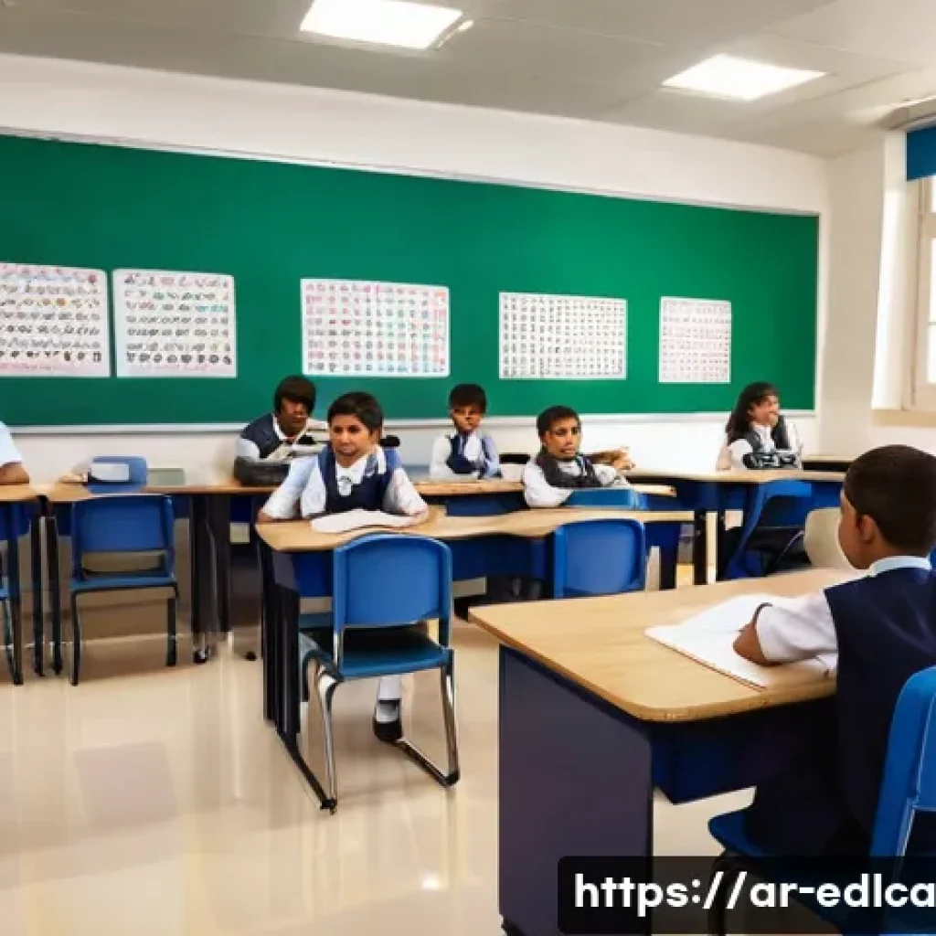교육적 파트너십의 문화적 접근법 - A multicultural classroom scene in a modern Arab school setting, featuring a diverse group of studen...
