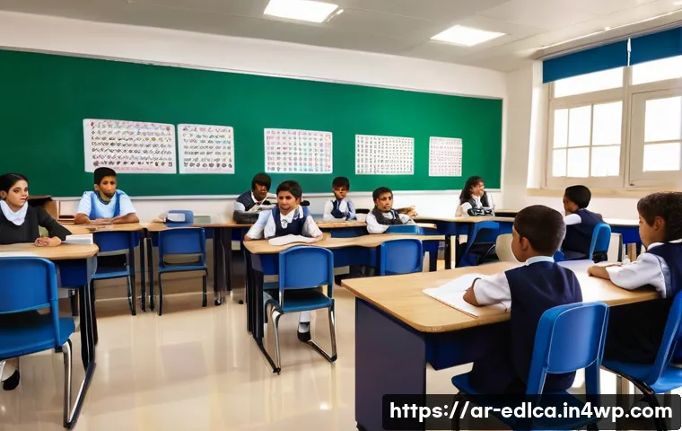 교육적 파트너십의 문화적 접근법 - A multicultural classroom scene in a modern Arab school setting, featuring a diverse group of studen...