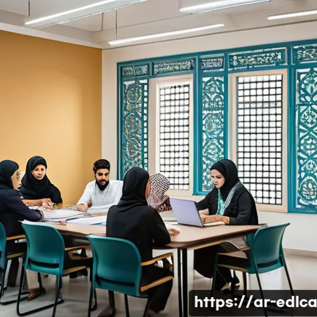 교사와 전문가 간의 협력 모델 - A vibrant educational workshop scene set in a modern Middle Eastern school, featuring diverse Arab t...