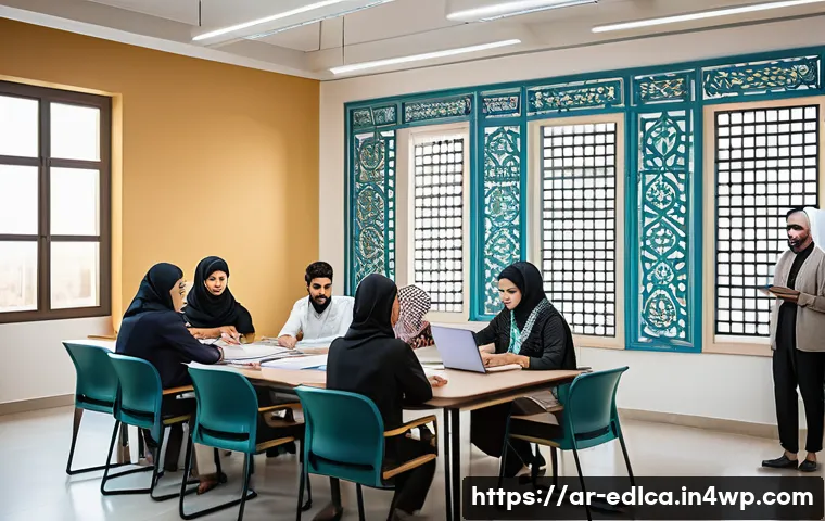 교사와 전문가 간의 협력 모델 - A vibrant educational workshop scene set in a modern Middle Eastern school, featuring diverse Arab t...
