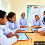 비교  교육적 파트너십 vs 전통적 교육 방식 - A vibrant classroom scene in a modern Arabic school where a diverse group of students aged 10-15 act...