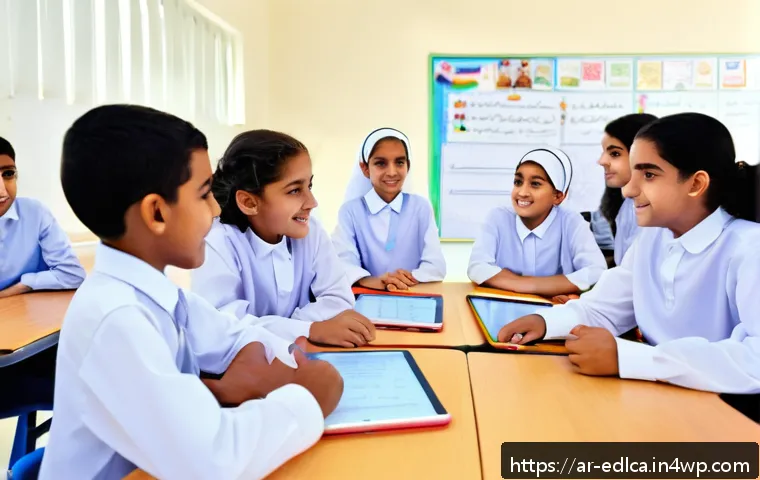 비교 교육적 파트너십 vs 전통적 교육 방식 - A vibrant classroom scene in a modern Arabic school where a diverse group of students aged 10-15 act...