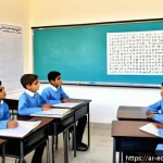 다양한 교육적 요구를 위한 파트너십 - A vibrant classroom scene in a modern Arabic school setting, showing diverse students actively parti...