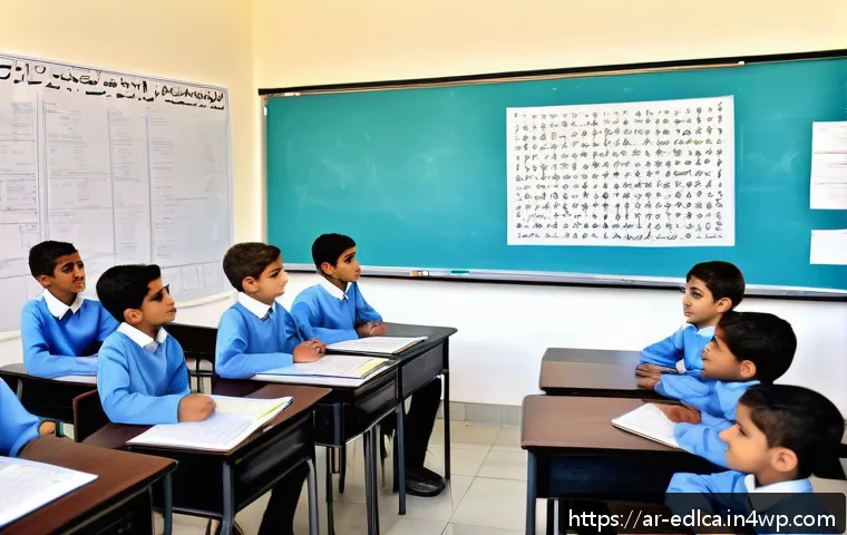 다양한 교육적 요구를 위한 파트너십 - A vibrant classroom scene in a modern Arabic school setting, showing diverse students actively parti...