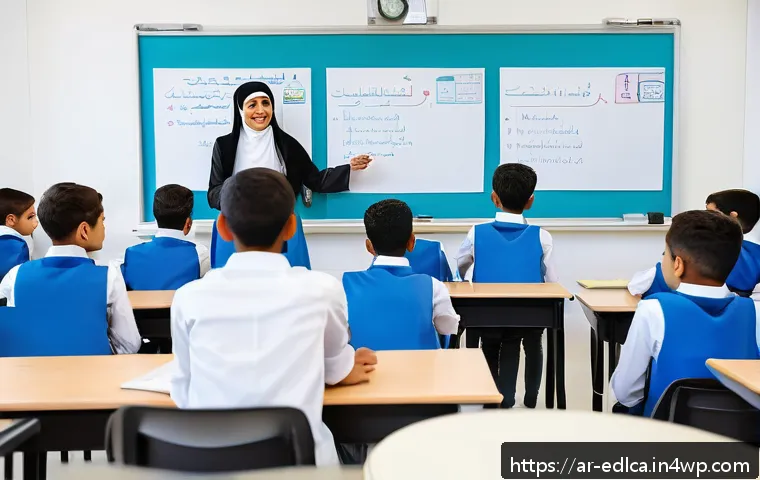 교육적 파트너십의 실제 사례 분석 - A vibrant classroom scene in a modern Arab school where diverse students and enthusiastic teachers c...