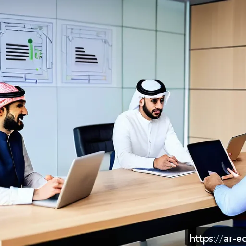 온라인 교육 플랫폼과의 제휴 방법 - A professional business meeting scene in a modern office setting featuring diverse Arab men and wome...