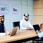 온라인 교육 플랫폼과의 제휴 방법 - A professional business meeting scene in a modern office setting featuring diverse Arab men and wome...