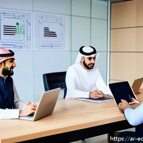 온라인 교육 플랫폼과의 제휴 방법 - A professional business meeting scene in a modern office setting featuring diverse Arab men and wome...