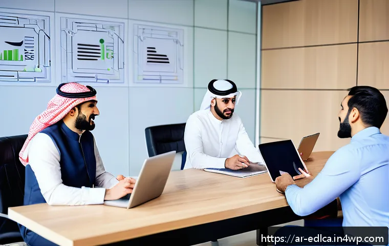 온라인 교육 플랫폼과의 제휴 방법 - A professional business meeting scene in a modern office setting featuring diverse Arab men and wome...
