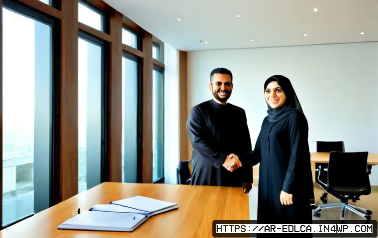 파트너십 형성을 위한 핵심 원칙 - Photorealistic business partnership meeting in a modern Gulf-region office, an Arab woman in elegant...