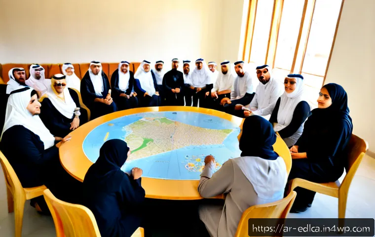지역 사회 문제 해결을 위한 교육적 파트너십 - Photorealistic community education partnership in a modern Arab neighborhood, a diverse group of Ara...